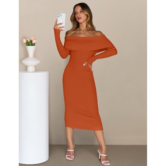 Merokeety Women's Darkgreen Off Shoulder Long Sleeve Elegant Bodycon Midi Dress - Picture 7 of 9